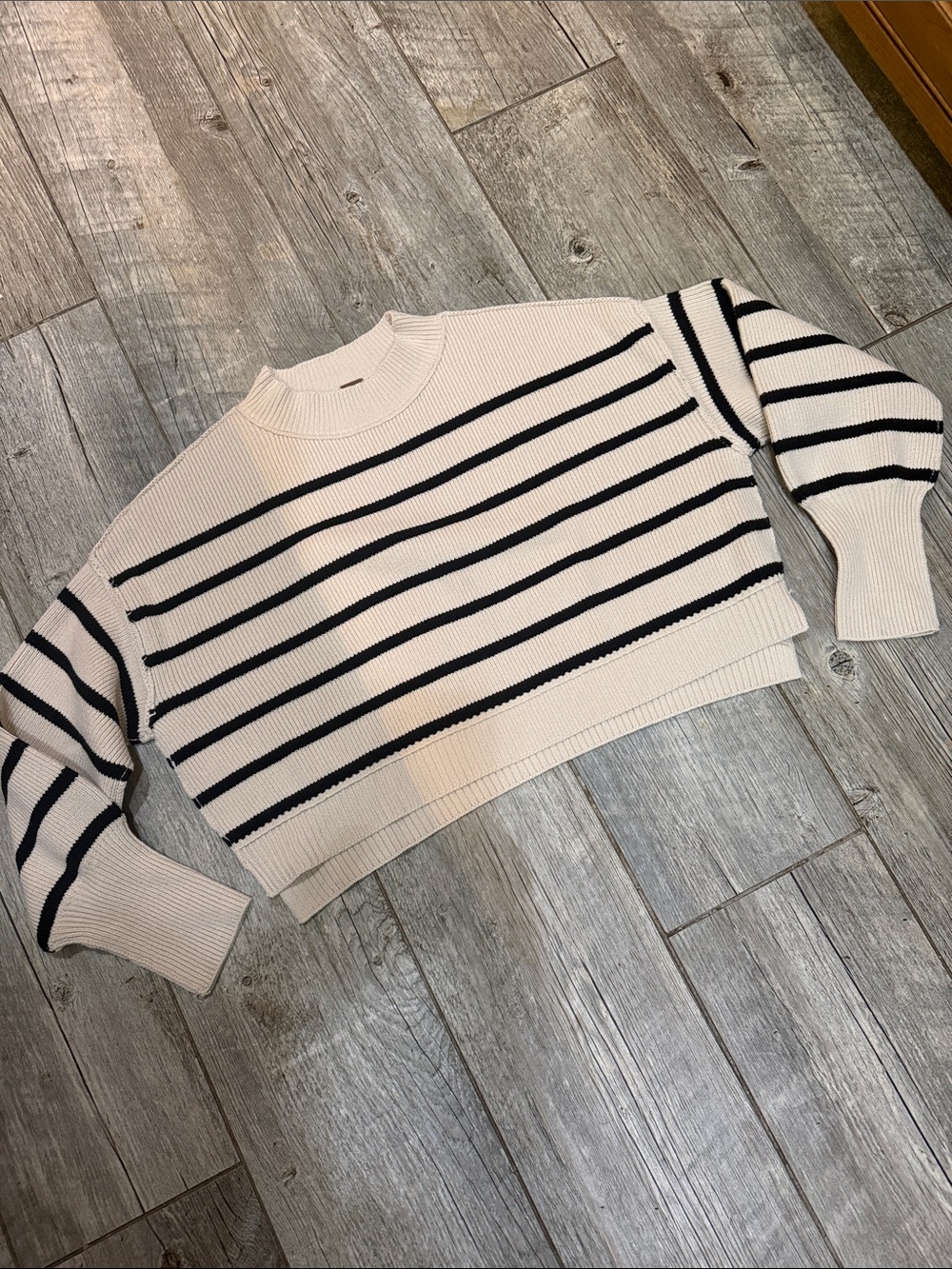 Free People Ivory Crewneck Sweater with Black Stripes